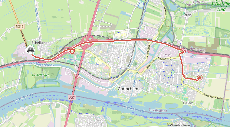 Kaart van de omgeving van de melding, met de kazerne die is gealarmeerd