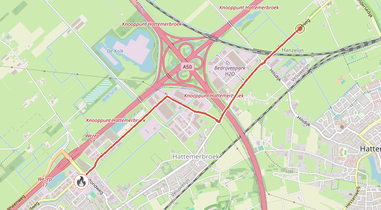 Kaart van de omgeving van de melding, met de kazerne die is gealarmeerd