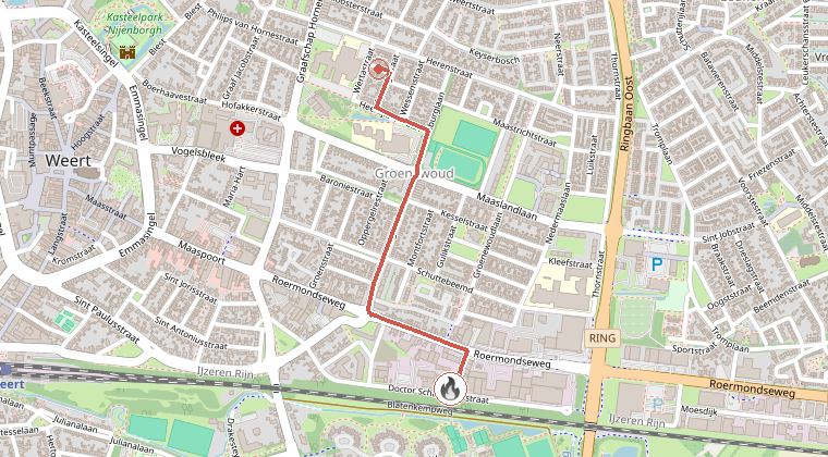 Kaart van de omgeving van de melding, met de kazerne die is gealarmeerd