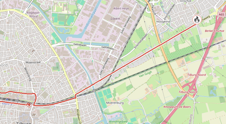 Kaart van de omgeving van de melding, met de kazerne die is gealarmeerd