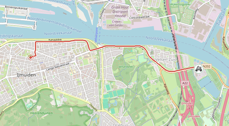 Kaart van de omgeving van de melding, met de kazerne die is gealarmeerd
