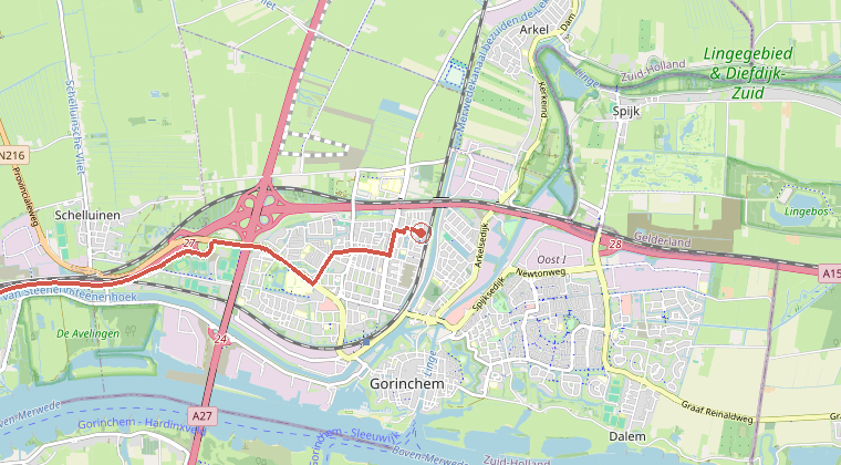 Kaart van de omgeving van de melding, met de kazerne die is gealarmeerd