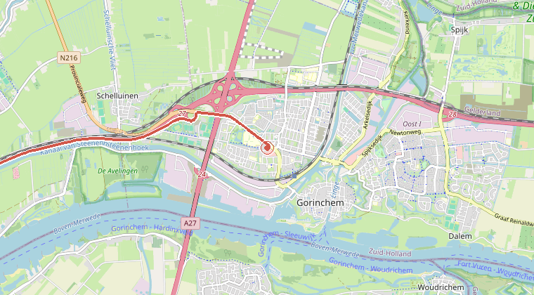 Kaart van de omgeving van de melding, met de kazerne die is gealarmeerd