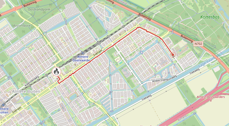 Kaart van de omgeving van de melding, met de kazerne die is gealarmeerd