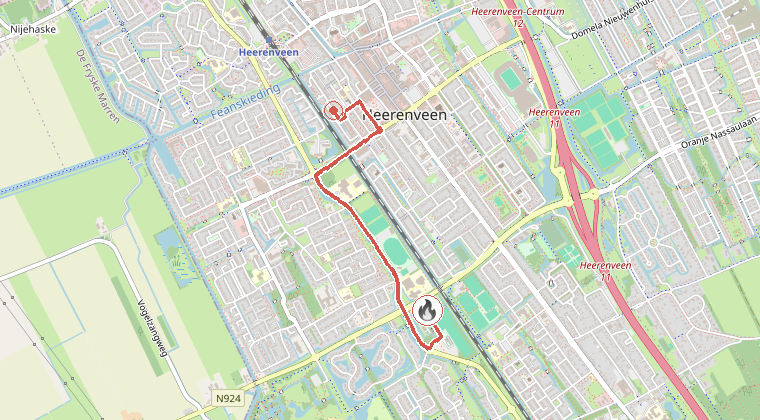 Kaart van de omgeving van de melding, met de kazerne die is gealarmeerd