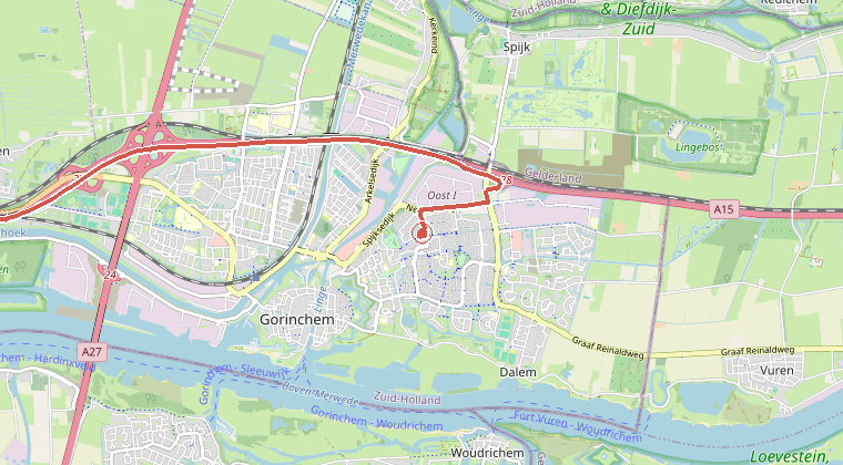 Kaart van de omgeving van de melding, met de kazerne die is gealarmeerd