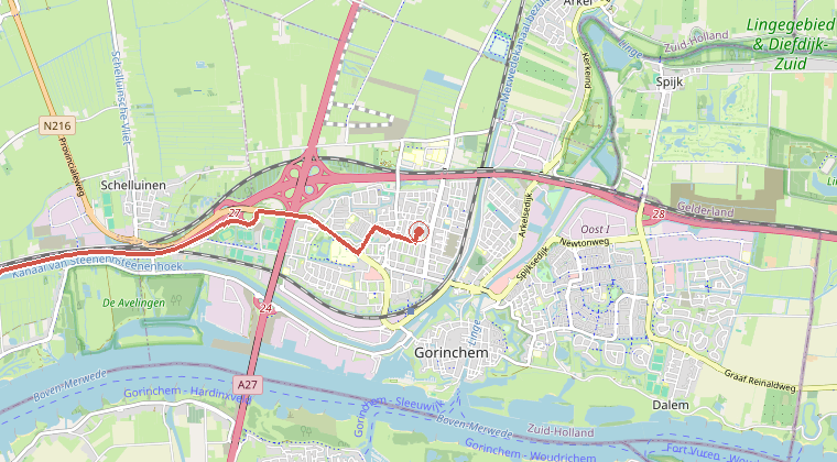 Kaart van de omgeving van de melding, met de kazerne die is gealarmeerd