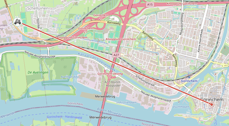 Kaart van de omgeving van de melding, met de kazerne die is gealarmeerd