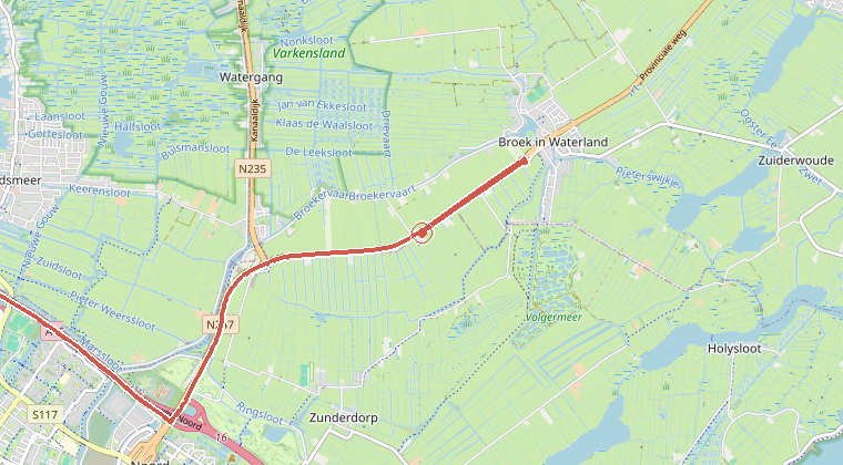 Kaart van de omgeving van de melding, met de kazerne die is gealarmeerd