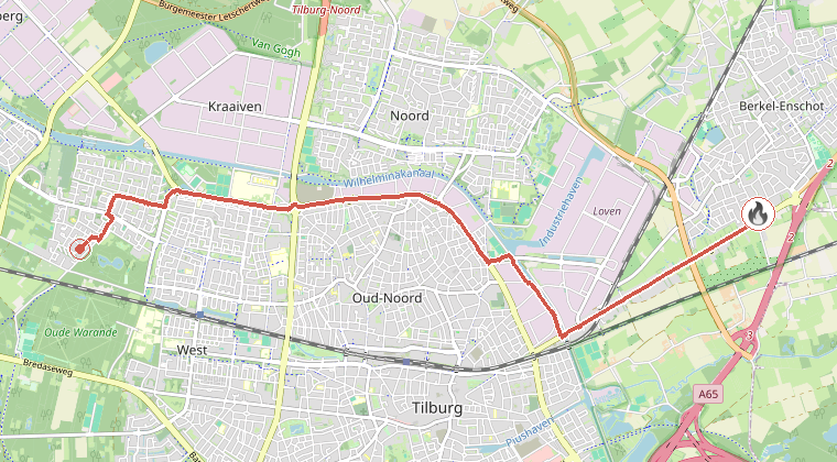 Kaart van de omgeving van de melding, met de kazerne die is gealarmeerd