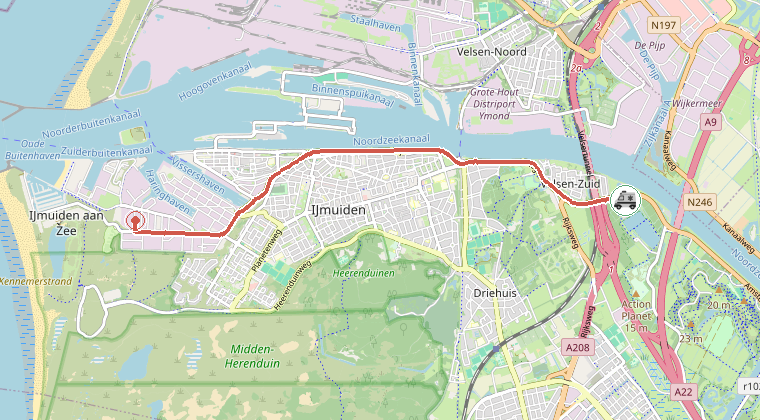 Kaart van de omgeving van de melding, met de kazerne die is gealarmeerd