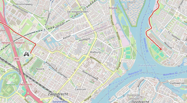 Kaart van de omgeving van de melding, met de kazerne die is gealarmeerd