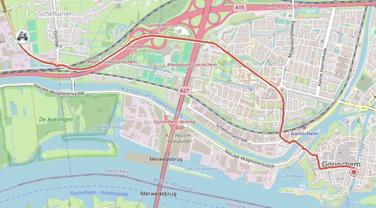 Kaart van de omgeving van de melding, met de kazerne die is gealarmeerd