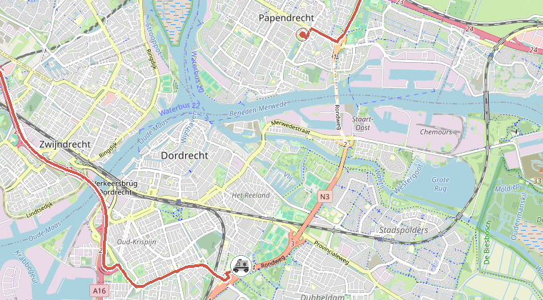 Kaart van de omgeving van de melding, met de kazerne die is gealarmeerd