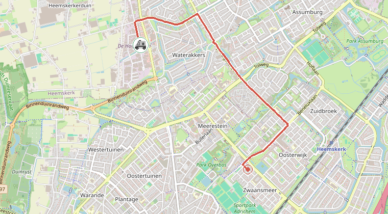Kaart van de omgeving van de melding, met de kazerne die is gealarmeerd