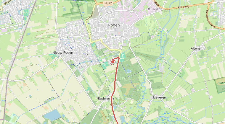 Kaart van de omgeving van de melding, met de kazerne die is gealarmeerd