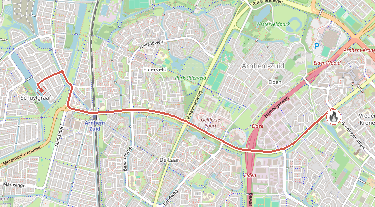 Kaart van de omgeving van de melding, met de kazerne die is gealarmeerd