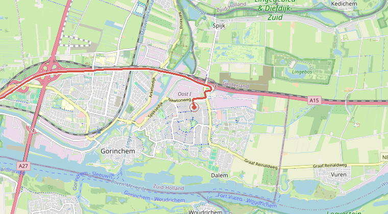 Kaart van de omgeving van de melding, met de kazerne die is gealarmeerd