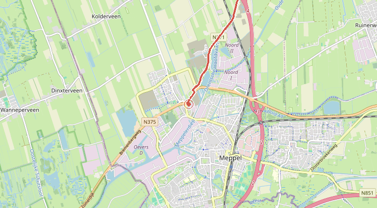 Kaart van de omgeving van de melding, met de kazerne die is gealarmeerd