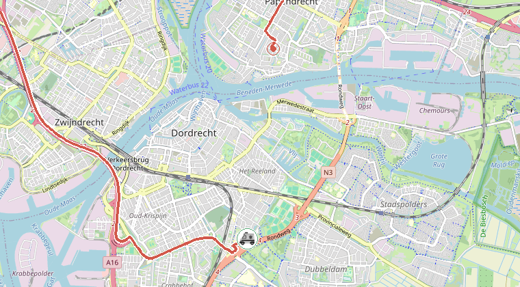 Kaart van de omgeving van de melding, met de kazerne die is gealarmeerd