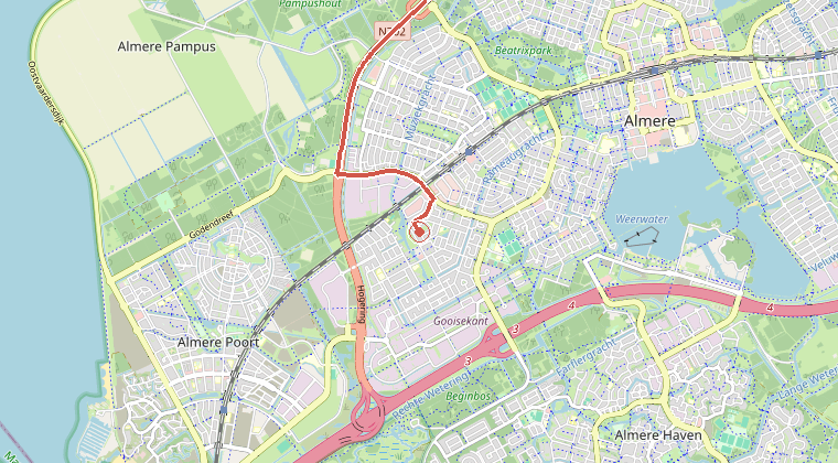 Kaart van de omgeving van de melding, met de kazerne die is gealarmeerd