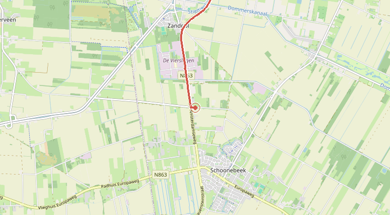 Kaart van de omgeving van de melding, met de kazerne die is gealarmeerd