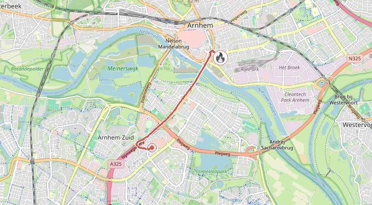 Kaart van de omgeving van de melding, met de kazerne die is gealarmeerd
