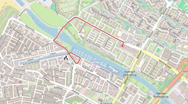 Kaart van de omgeving van de melding, met de kazerne die is gealarmeerd