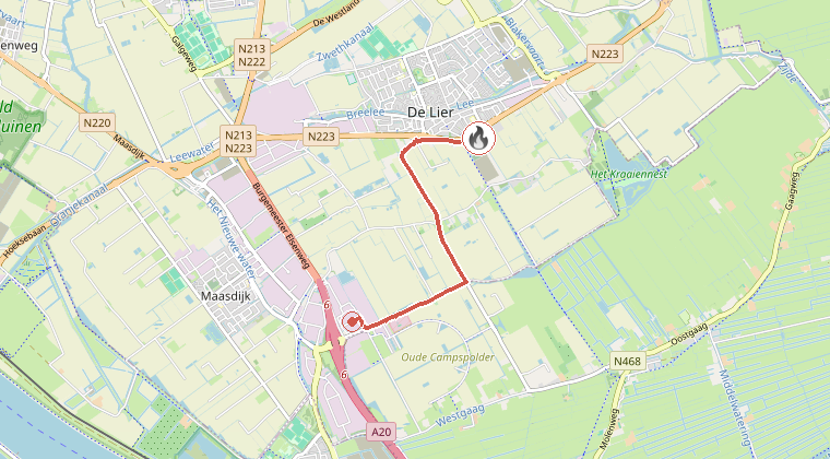 Kaart van de omgeving van de melding, met de kazerne die is gealarmeerd