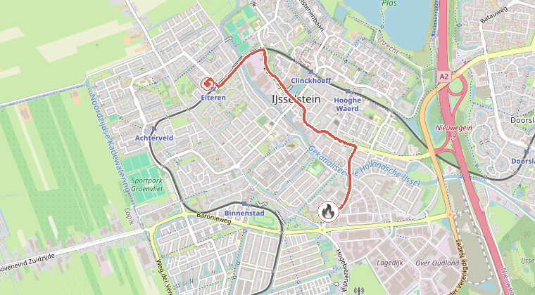 Kaart van de omgeving van de melding, met de kazerne die is gealarmeerd