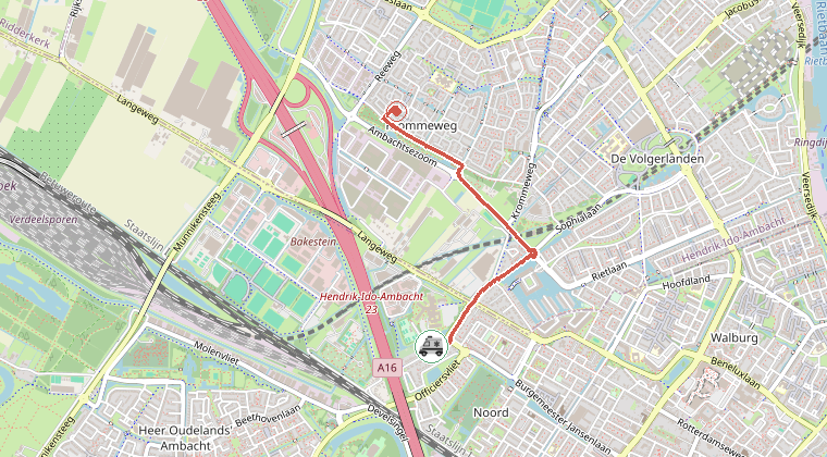 Kaart van de omgeving van de melding, met de kazerne die is gealarmeerd