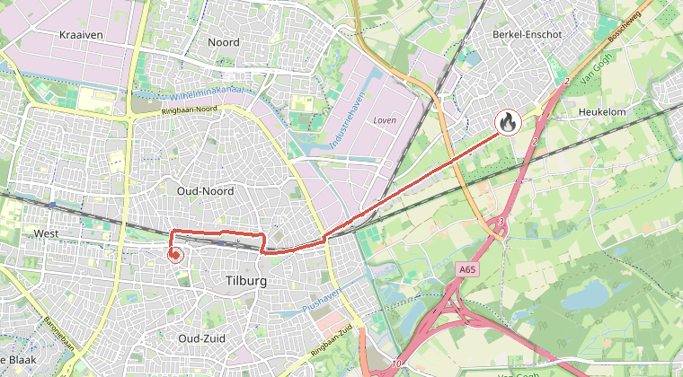 Kaart van de omgeving van de melding, met de kazerne die is gealarmeerd