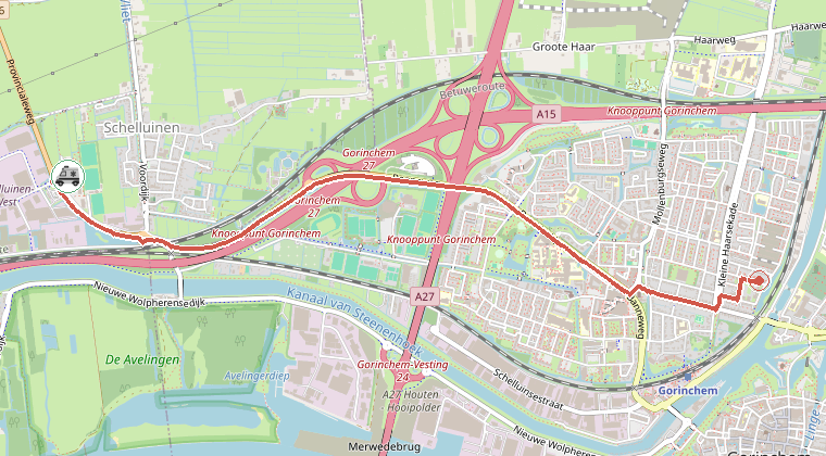 Kaart van de omgeving van de melding, met de kazerne die is gealarmeerd