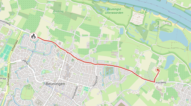 Kaart van de omgeving van de melding, met de kazerne die is gealarmeerd