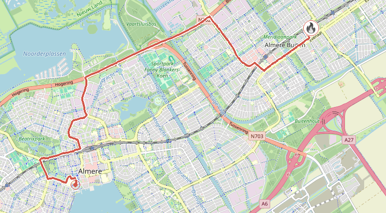 Kaart van de omgeving van de melding, met de kazerne die is gealarmeerd