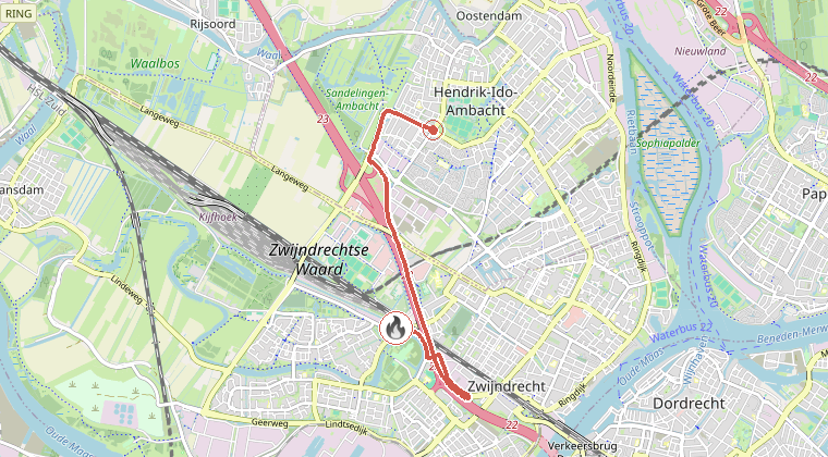 Kaart van de omgeving van de melding, met de kazerne die is gealarmeerd