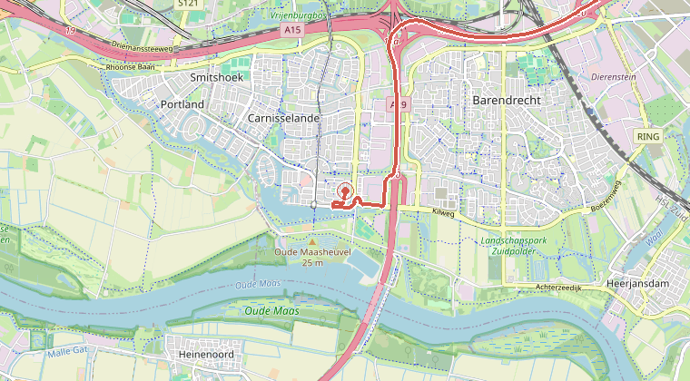 Kaart van de omgeving van de melding, met de kazerne die is gealarmeerd
