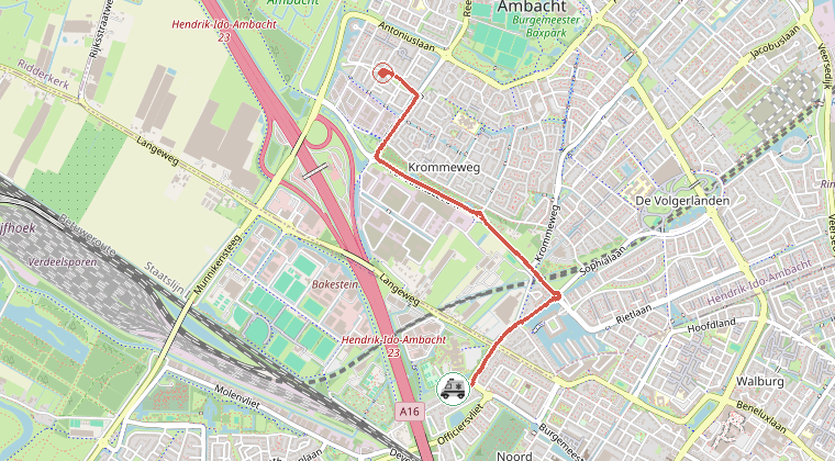 Kaart van de omgeving van de melding, met de kazerne die is gealarmeerd