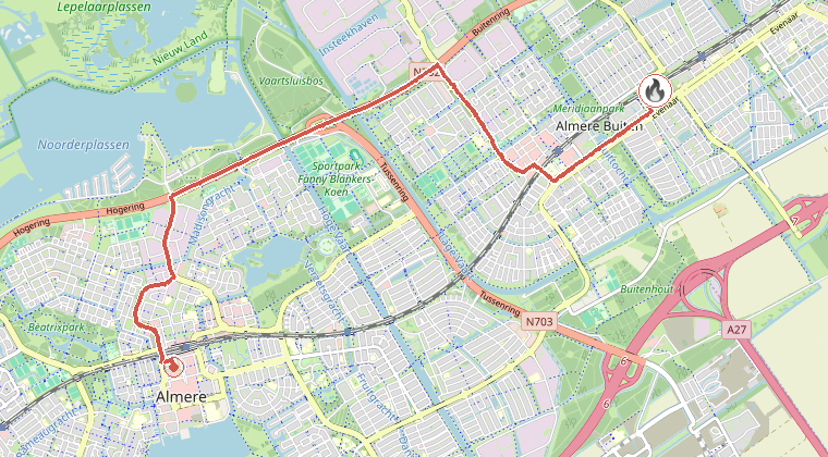 Kaart van de omgeving van de melding, met de kazerne die is gealarmeerd