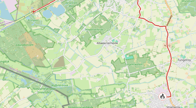 Kaart van de omgeving van de melding, met de kazerne die is gealarmeerd