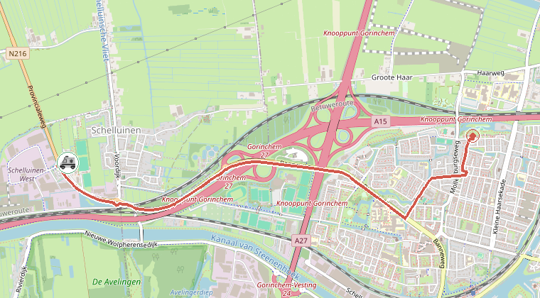Kaart van de omgeving van de melding, met de kazerne die is gealarmeerd