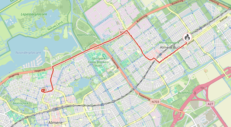 Kaart van de omgeving van de melding, met de kazerne die is gealarmeerd