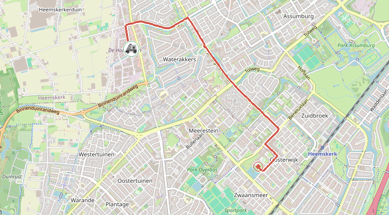 Kaart van de omgeving van de melding, met de kazerne die is gealarmeerd