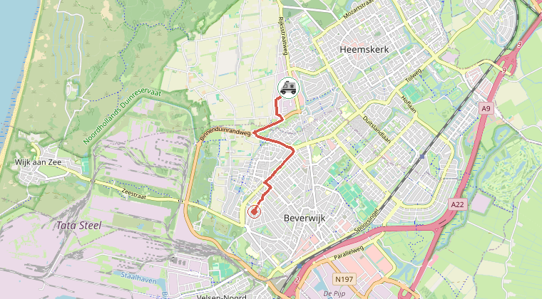 Kaart van de omgeving van de melding, met de kazerne die is gealarmeerd