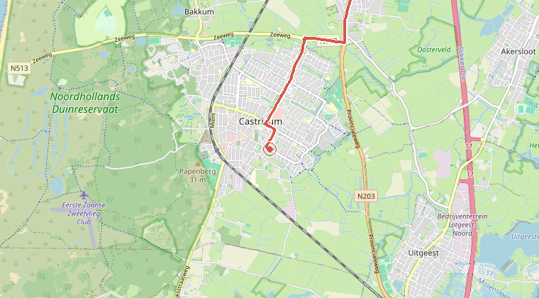 Kaart van de omgeving van de melding, met de kazerne die is gealarmeerd