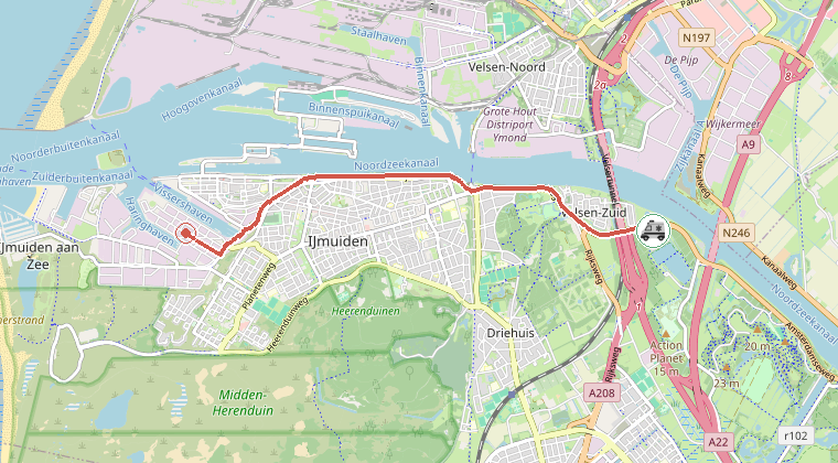 Kaart van de omgeving van de melding, met de kazerne die is gealarmeerd