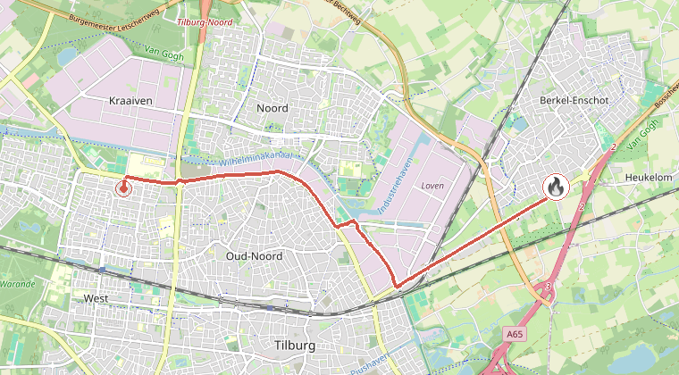 Kaart van de omgeving van de melding, met de kazerne die is gealarmeerd