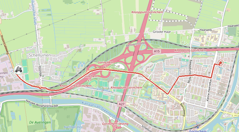 Kaart van de omgeving van de melding, met de kazerne die is gealarmeerd