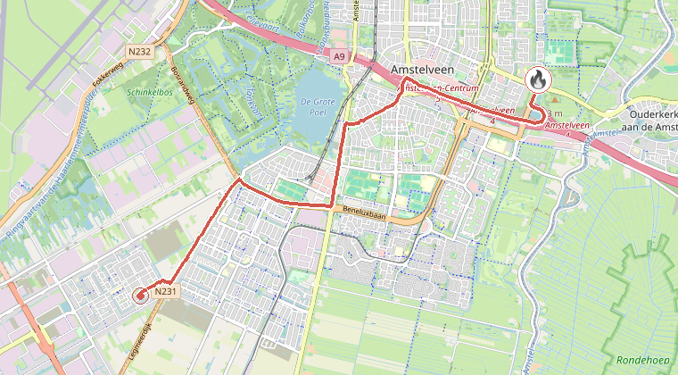 Kaart van de omgeving van de melding, met de kazerne die is gealarmeerd