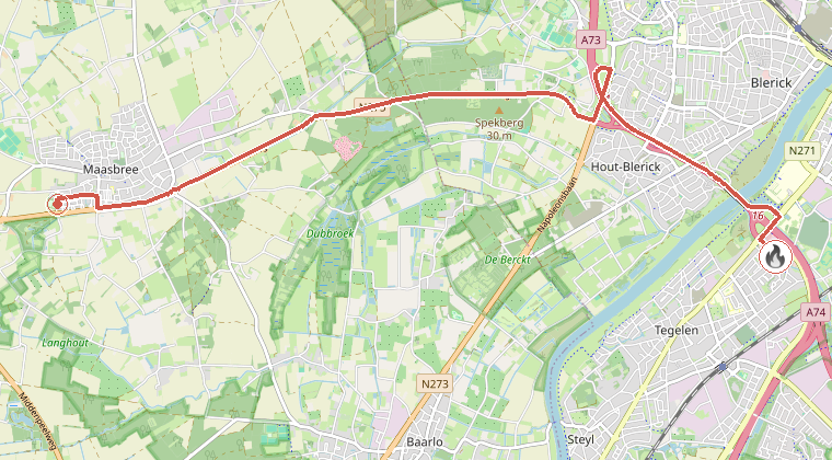 Kaart van de omgeving van de melding, met de kazerne die is gealarmeerd
